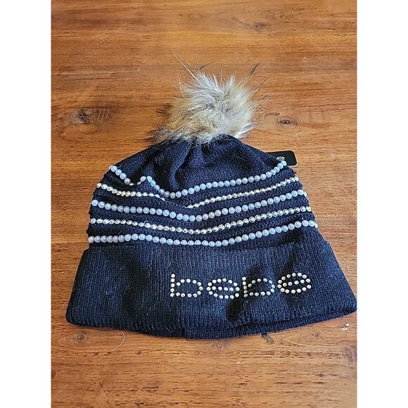 bebe | Accessories | Bebe Beanie Hat With Pom Black With Rhinestones ...